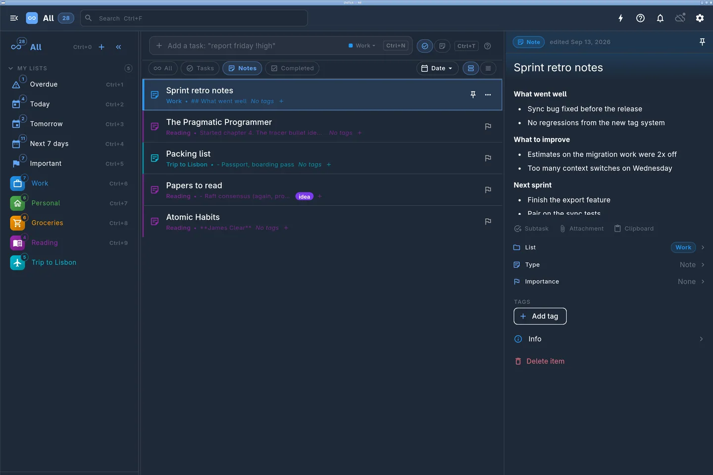 OxiTick desktop: Notes in Markdown